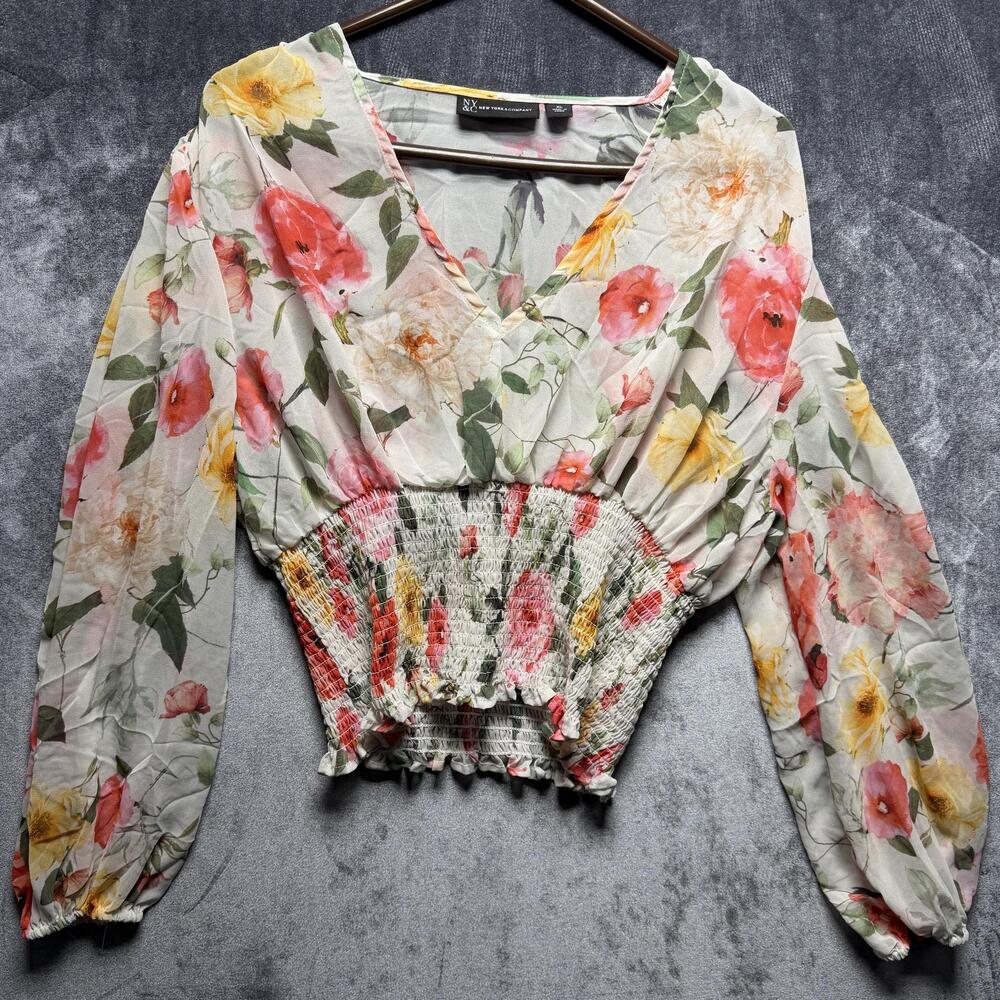 New York & Company Blouse Womens XL Multicolor Cropped Chiffon Floral Boho